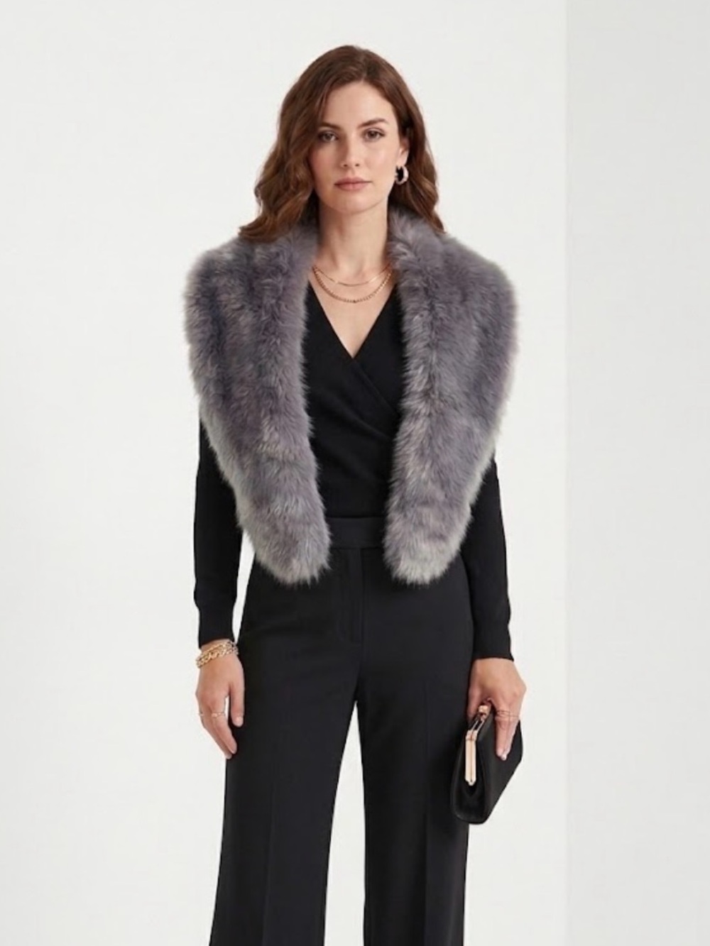 Anthropologie Grey Faux Fur Knit Stole Collar Scarf Metallic Backing